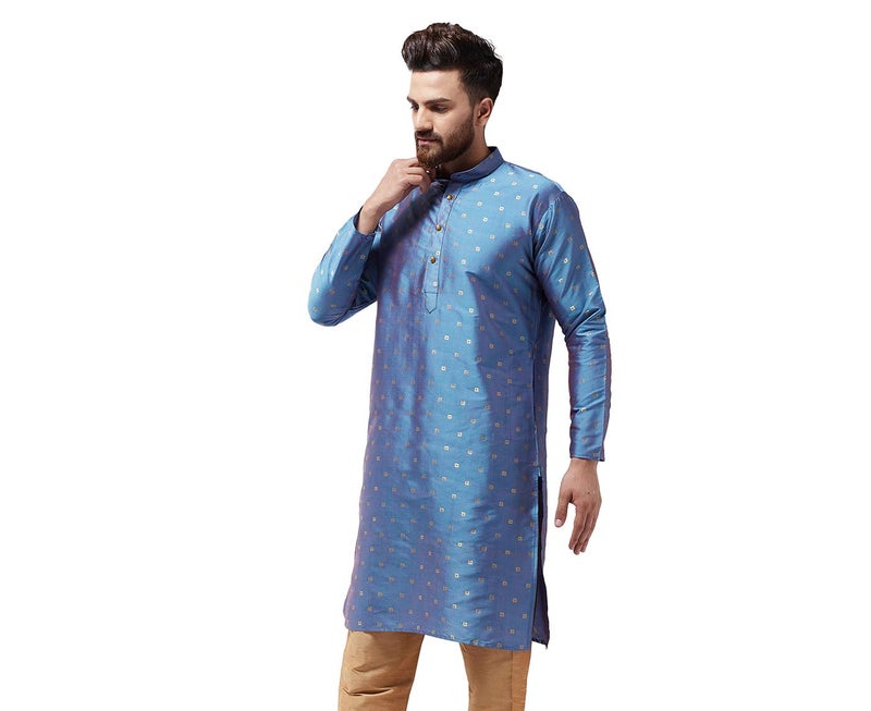 Sojanya (Since 1958 Men'S Silk Blend Light Blue Printed Only Long Kurta, Size 40 - Image 3